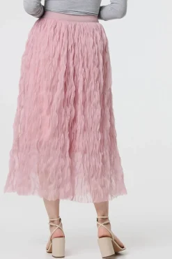 Ruffled High Waist Semi Sheer Midi Skirt
