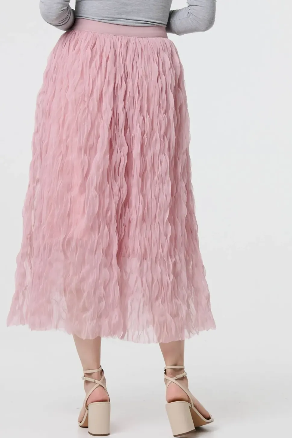 Ruffled High Waist Semi Sheer Midi Skirt