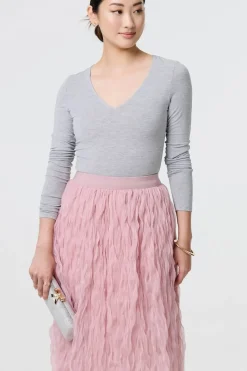 Ruffled High Waist Semi Sheer Midi Skirt
