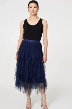 Ruffled Sheer Mesh High Waist Midi Skirt