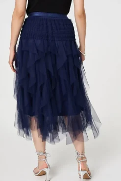 Ruffled Sheer Mesh High Waist Midi Skirt