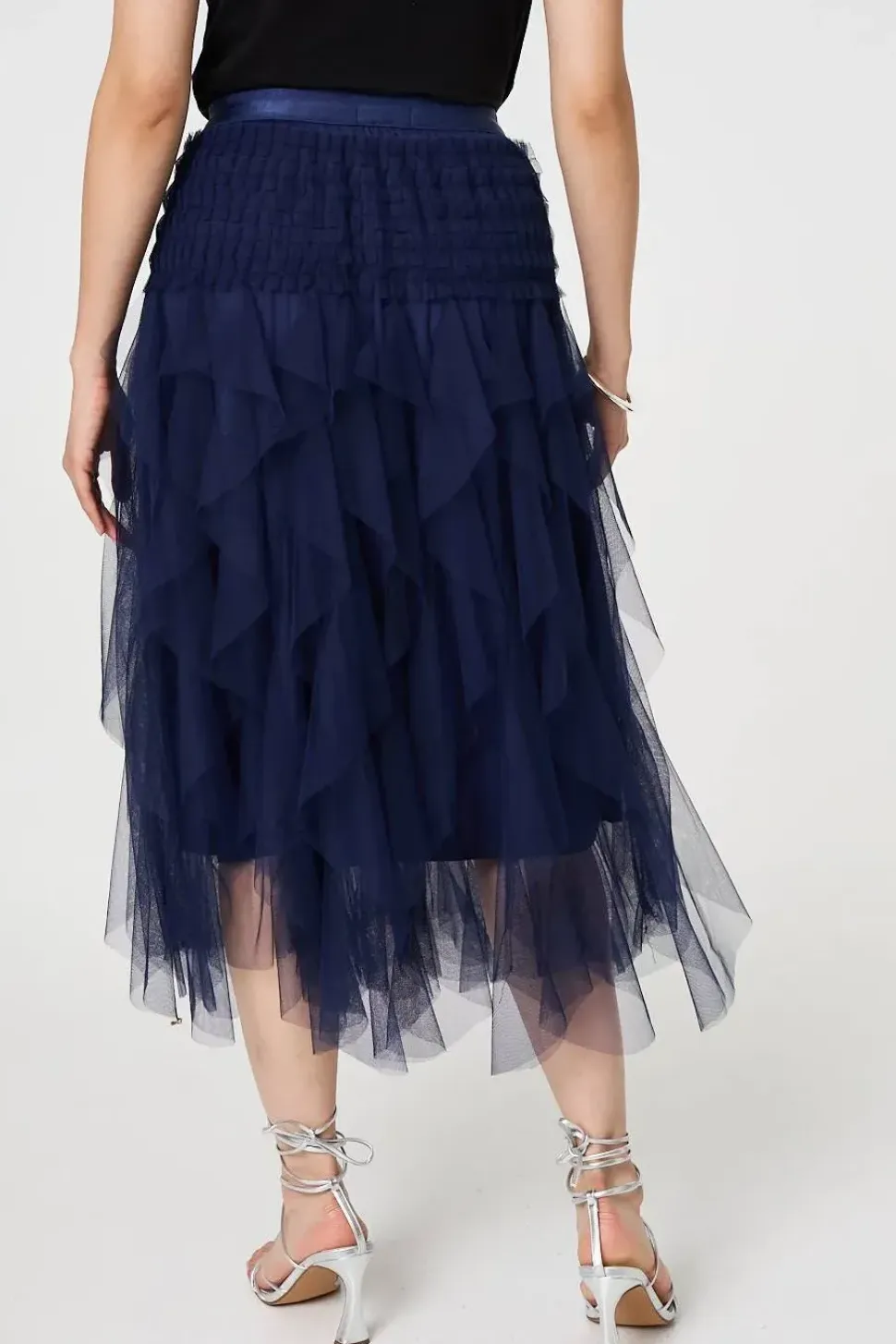Ruffled Sheer Mesh High Waist Midi Skirt