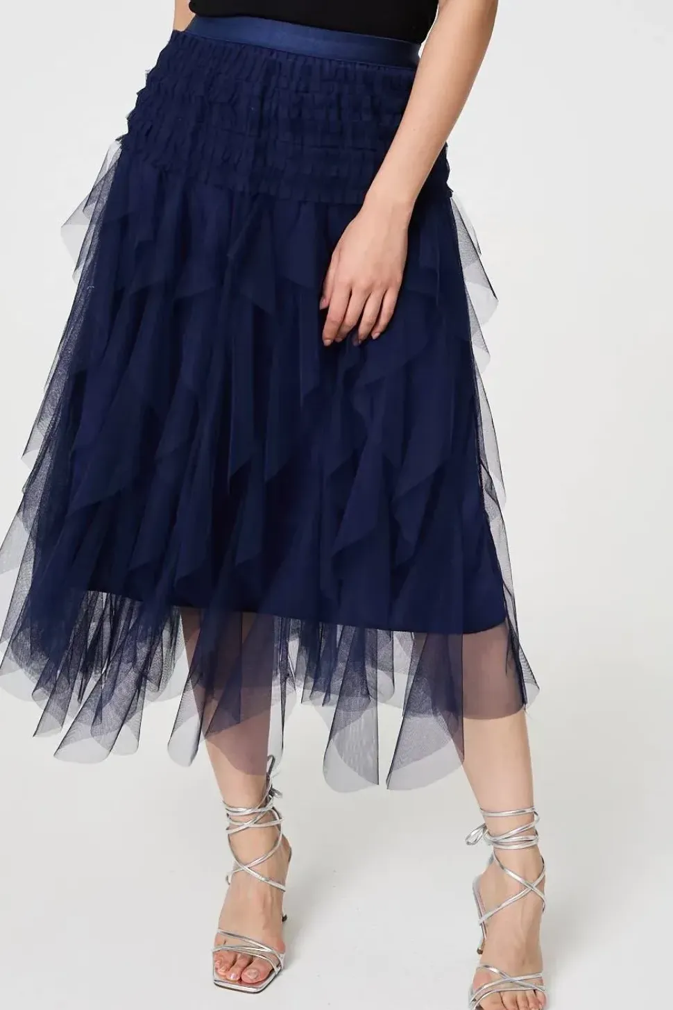 Ruffled Sheer Mesh High Waist Midi Skirt