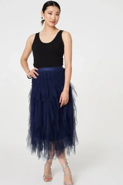 Ruffled Sheer Mesh High Waist Midi Skirt