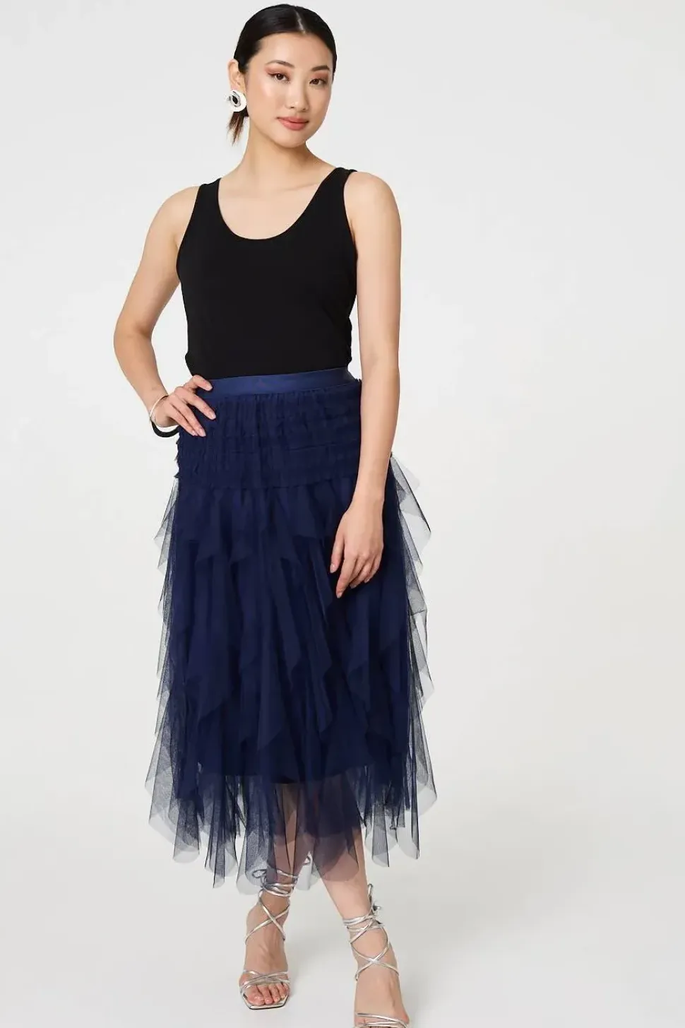 Ruffled Sheer Mesh High Waist Midi Skirt