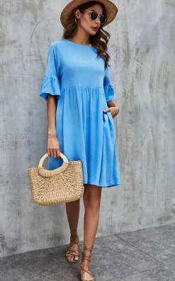 Ruffled Sleeve Smock Dress In Light Blue