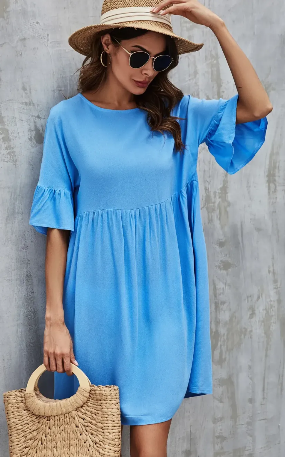 Ruffled Sleeve Smock Dress In Light Blue