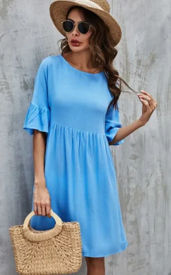 Ruffled Sleeve Smock Dress In Light Blue