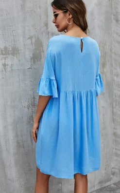 Ruffled Sleeve Smock Dress In Light Blue