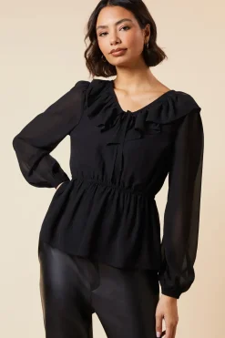 Ruffle Front Long Sleeve Blouse