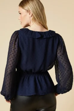 Ruffle Front Long Sleeve Dobby Chiffon Blouse