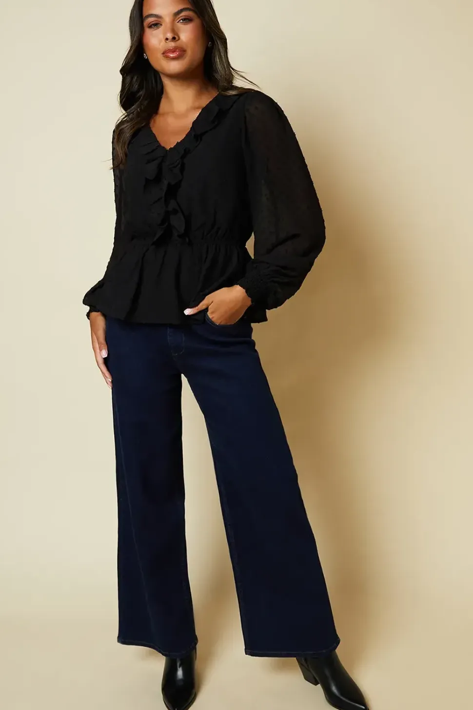 Ruffle Front Long Sleeve Dobby Chiffon Blouse