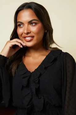 Ruffle Front Long Sleeve Dobby Chiffon Blouse