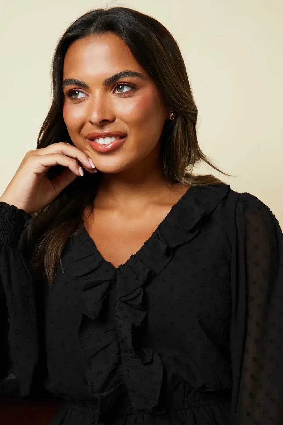 Ruffle Front Long Sleeve Dobby Chiffon Blouse