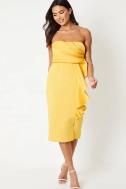 Ruffle Front Pleat Detail Bandeau Pencil Dress