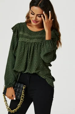 Ruffle Lace Detail Long Sleeve Blouse Top in Khaki