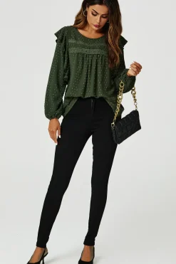 Ruffle Lace Detail Long Sleeve Blouse Top in Khaki