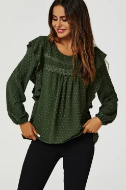 Ruffle Lace Detail Long Sleeve Blouse Top in Khaki