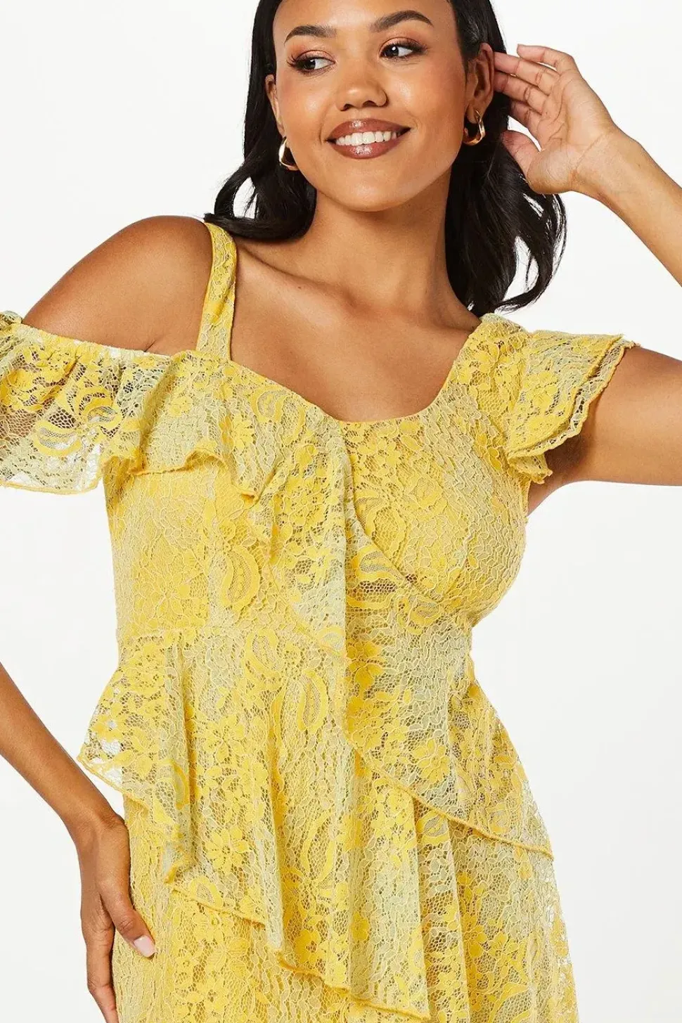 Ruffle Lace Pencil Dress With Flute Hem
