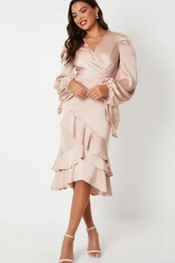 Ruffle Long Sleeve Satin Wrap Dress