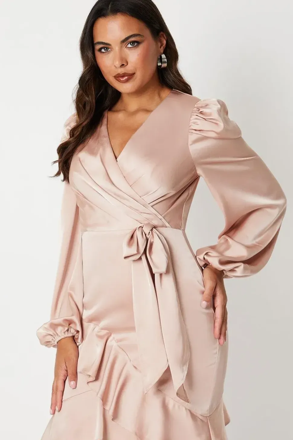 Ruffle Long Sleeve Satin Wrap Dress