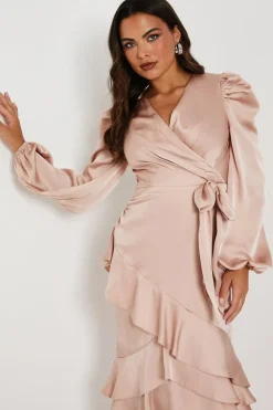 Ruffle Long Sleeve Satin Wrap Dress