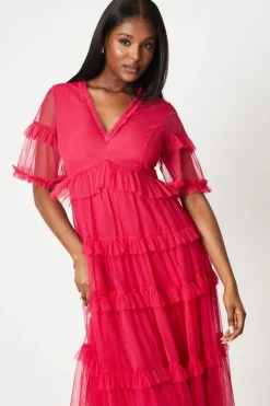 Ruffle Mesh Midi Dress