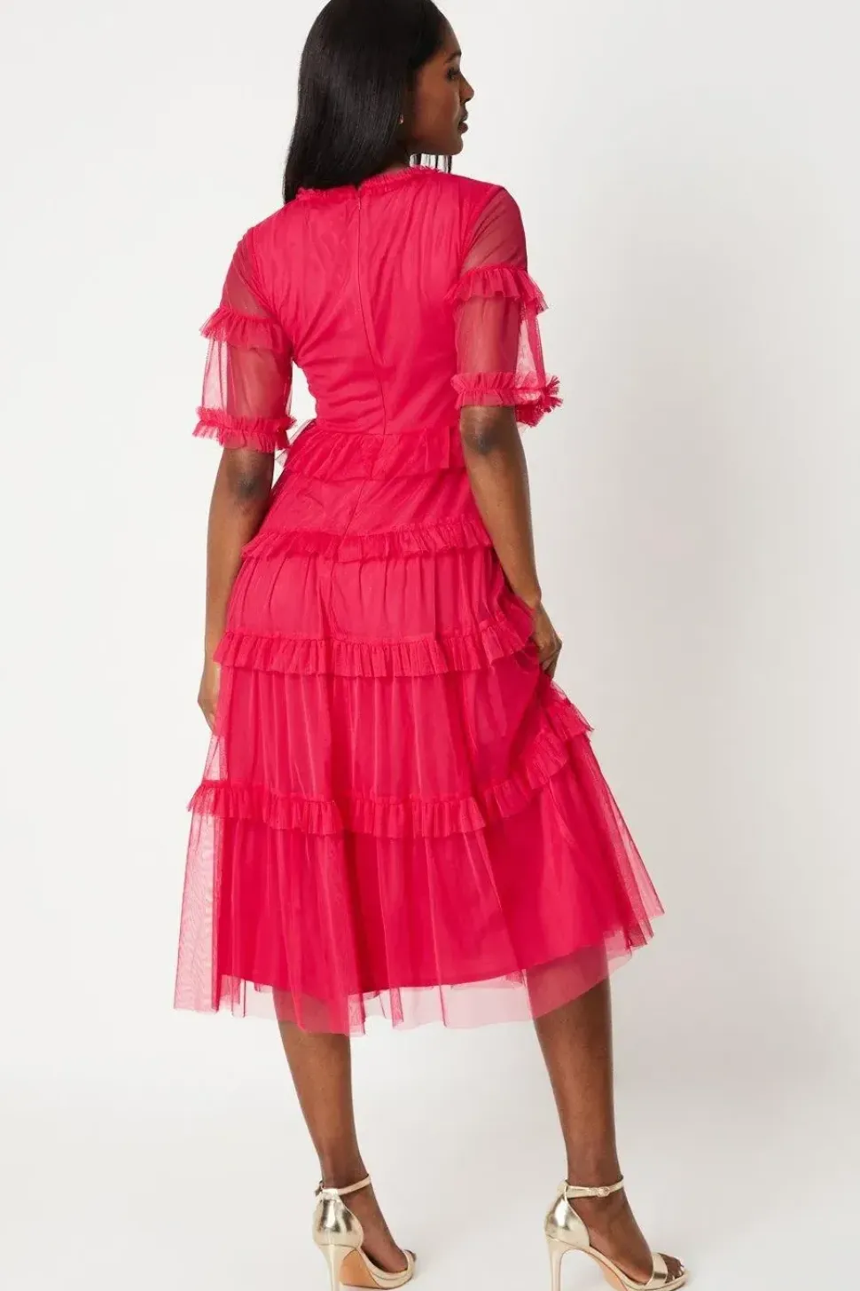 Ruffle Mesh Midi Dress