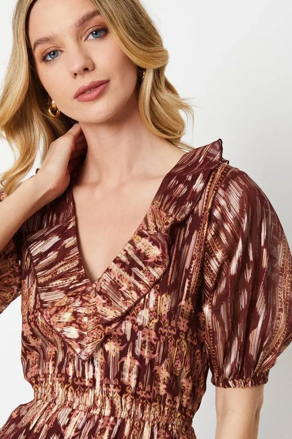 Ruffle Metallic Jacquard Tiered Midi Dress