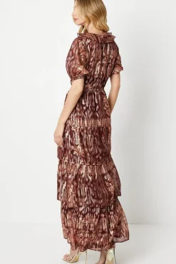 Ruffle Metallic Jacquard Tiered Midi Dress