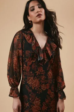 Ruffle Neckline Chiffon Midi Dress