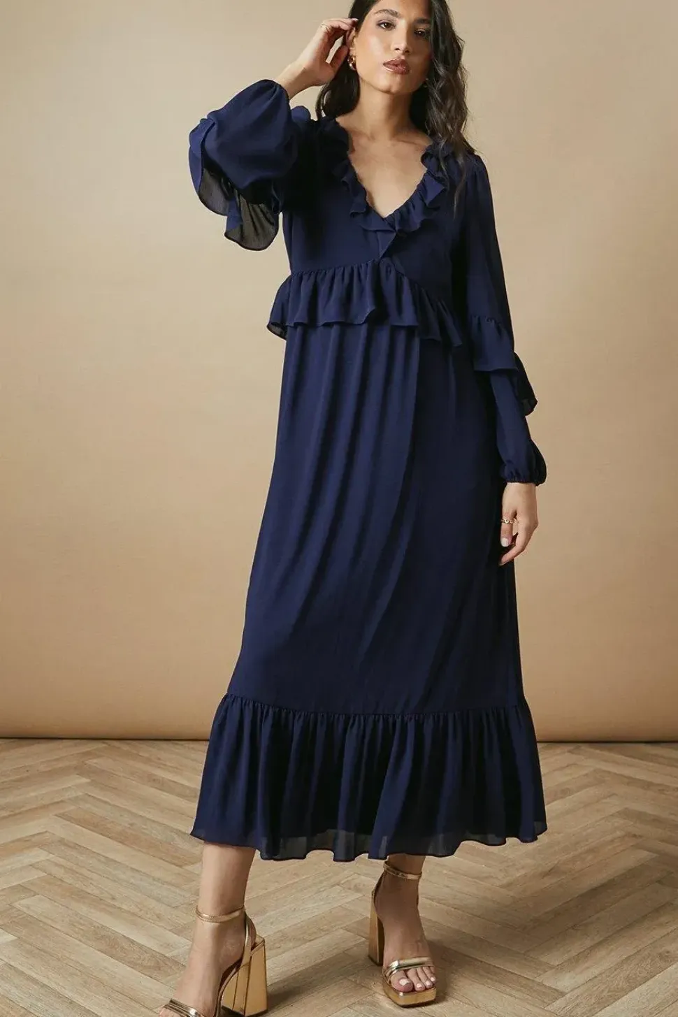 Ruffle Neckline Chiffon Midi Dress