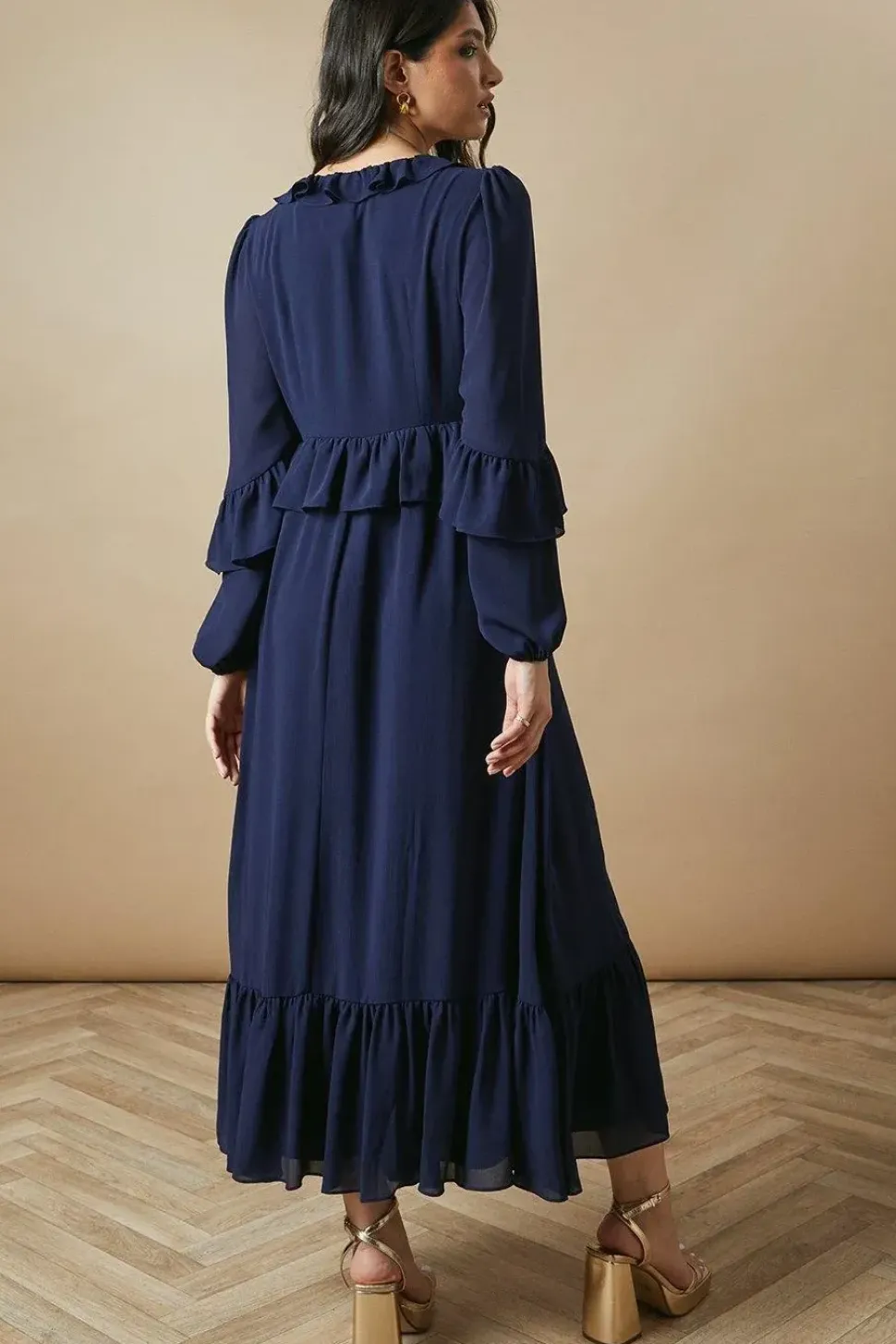 Ruffle Neckline Chiffon Midi Dress