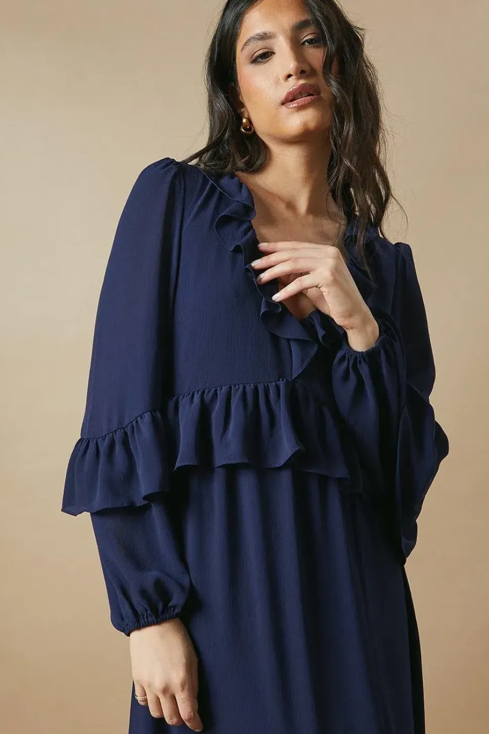Ruffle Neckline Chiffon Midi Dress