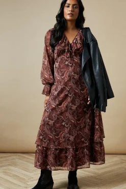 Ruffle Neckline Chiffon Midi Dress