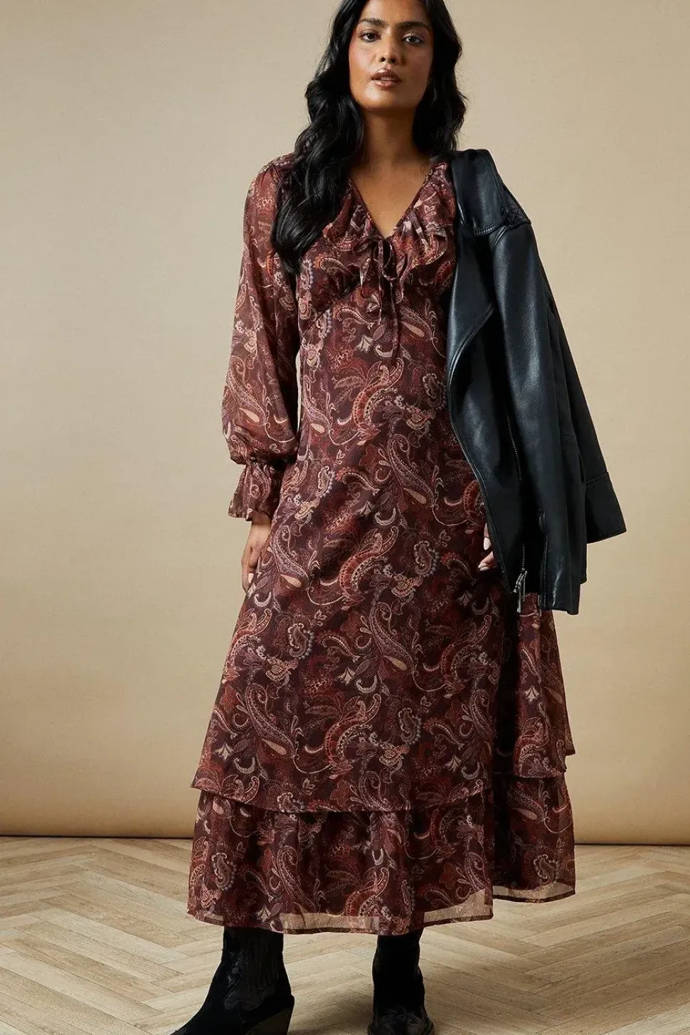 Ruffle Neckline Chiffon Midi Dress