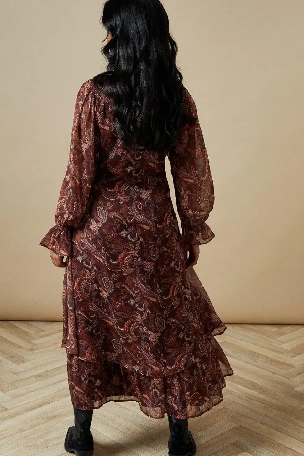 Ruffle Neckline Chiffon Midi Dress