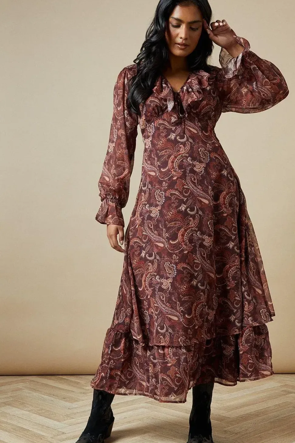 Ruffle Neckline Chiffon Midi Dress