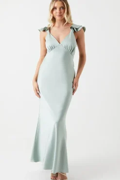 Ruffle Neckline Satin Maxi Bridesmaid Dress