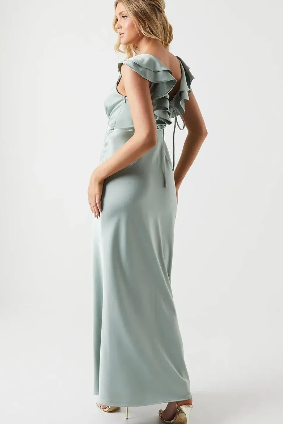 Ruffle Neckline Satin Maxi Bridesmaid Dress