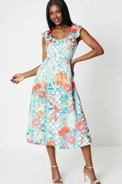 Ruffle Neck Placement Print Cotton Dress