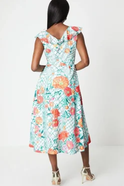 Ruffle Neck Placement Print Cotton Dress