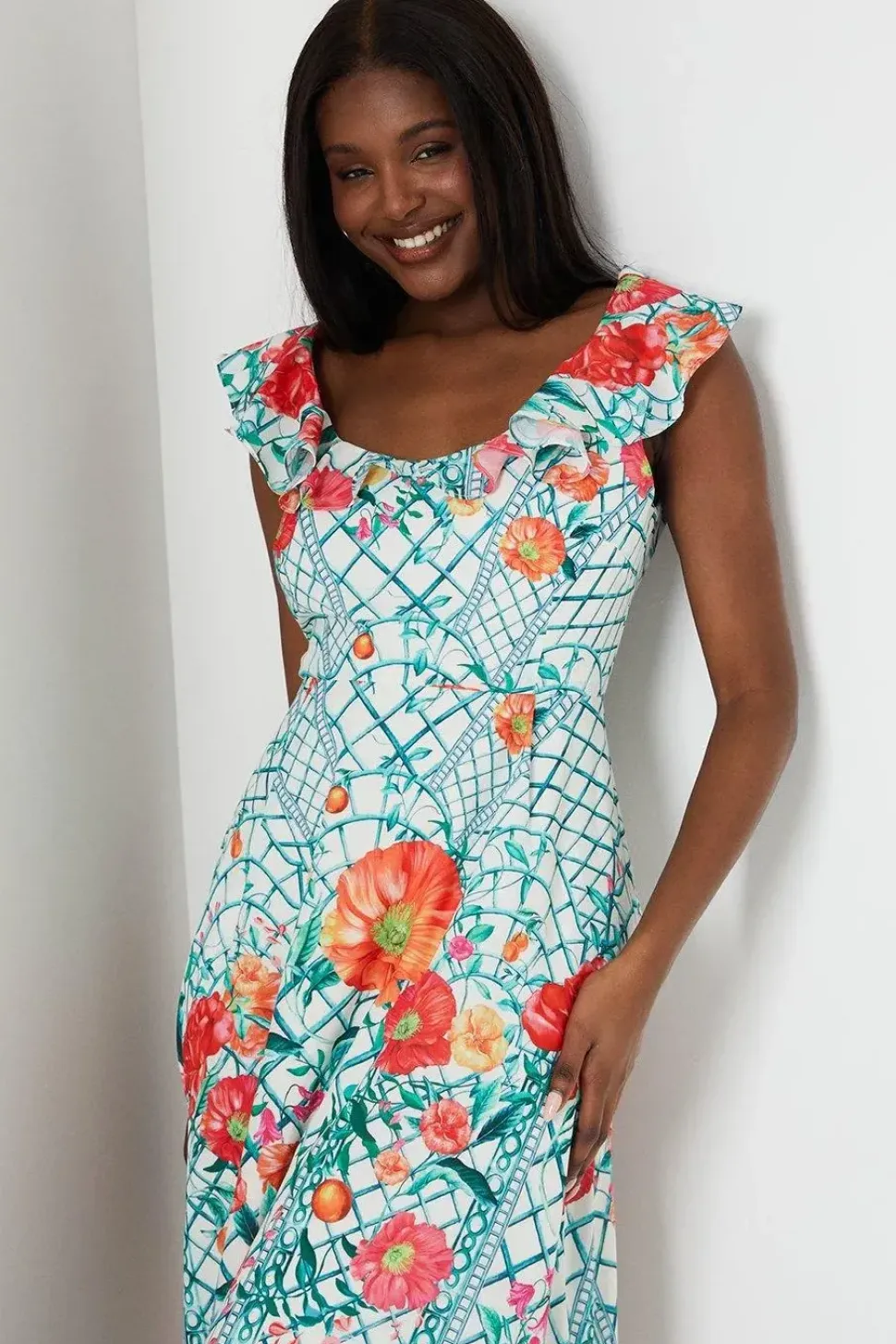 Ruffle Neck Placement Print Cotton Dress