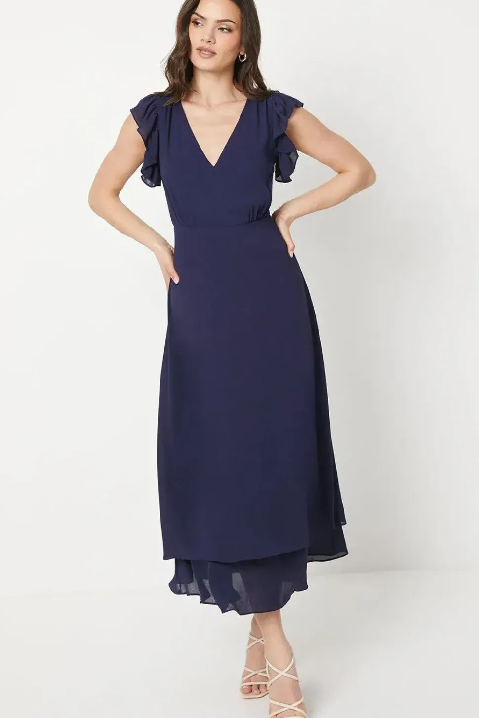 Ruffle Shoulder Chiffon Midi Dress