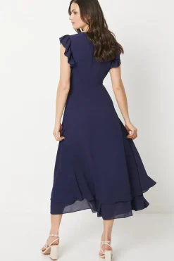 Ruffle Shoulder Chiffon Midi Dress