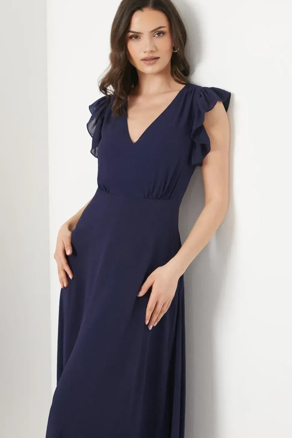 Ruffle Shoulder Chiffon Midi Dress