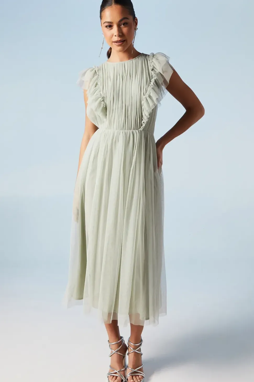 Ruffle Shoulder Mesh Bridesmaid Midi Dress