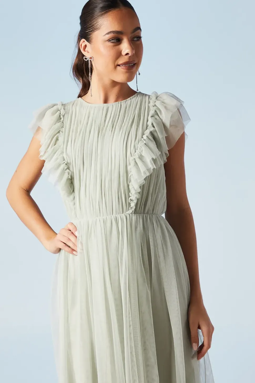 Ruffle Shoulder Mesh Bridesmaid Midi Dress