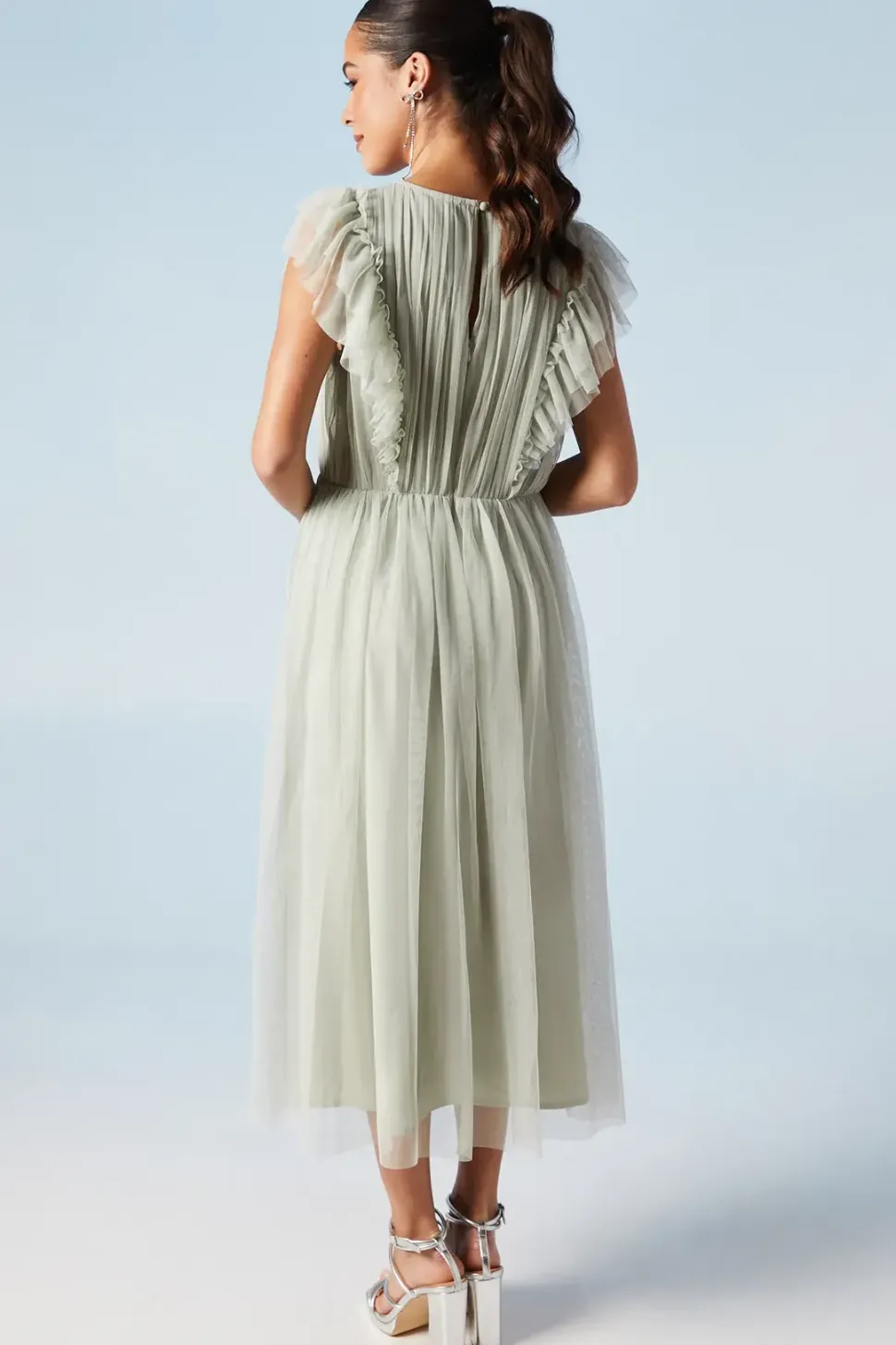 Ruffle Shoulder Mesh Bridesmaid Midi Dress