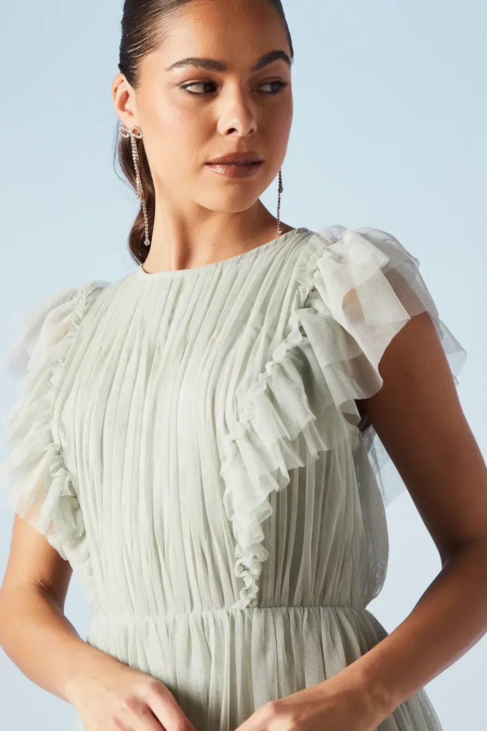Ruffle Shoulder Mesh Bridesmaid Midi Dress